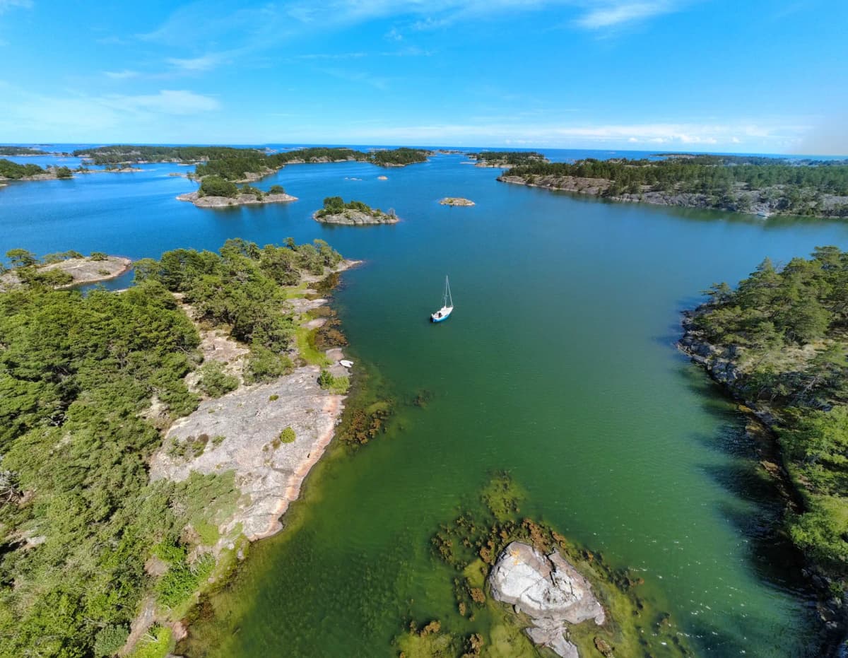 SY Potosi in a Baltic cove, aerial panorama